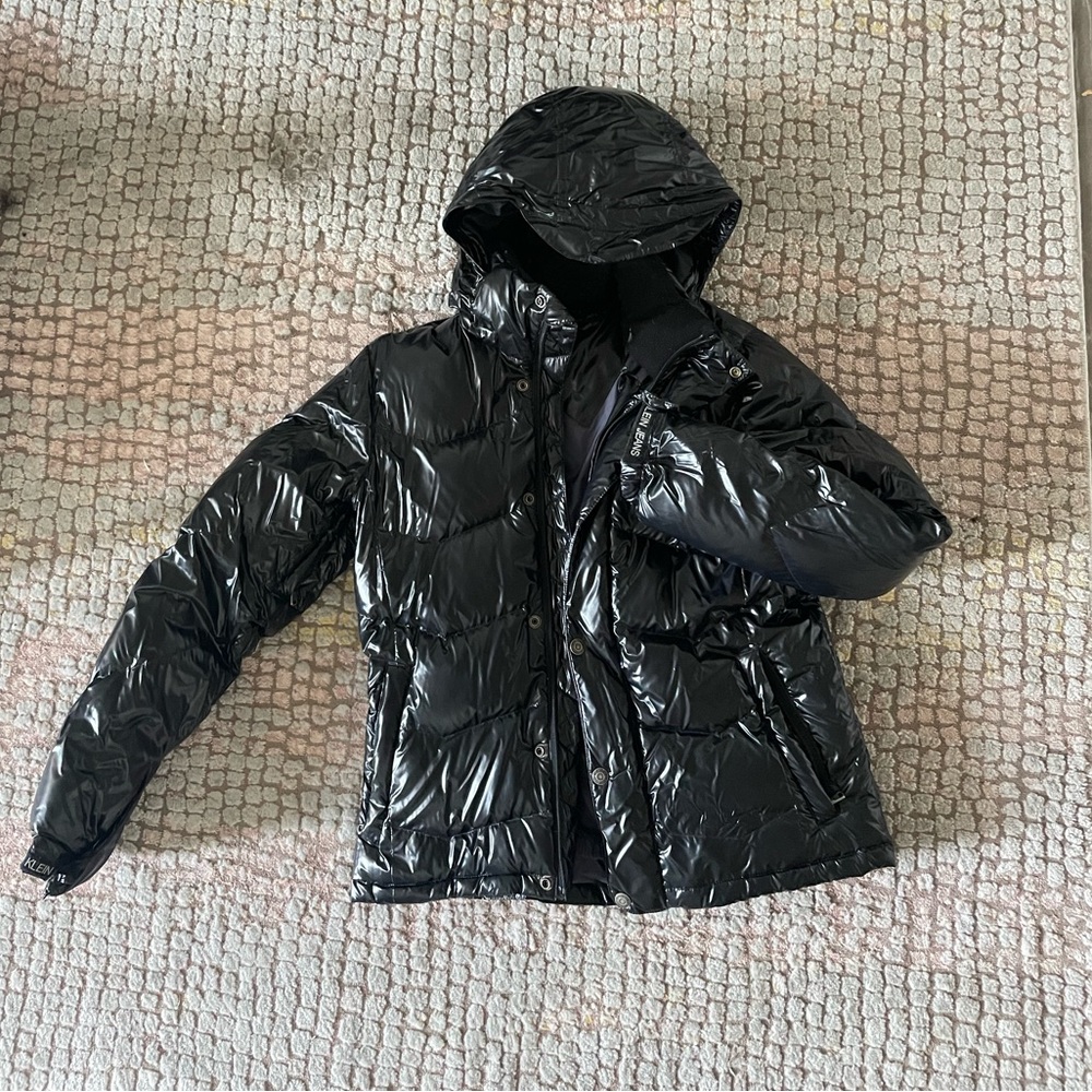 Calvin Klein Goose Down Black Shiny Puffer Coat Size L